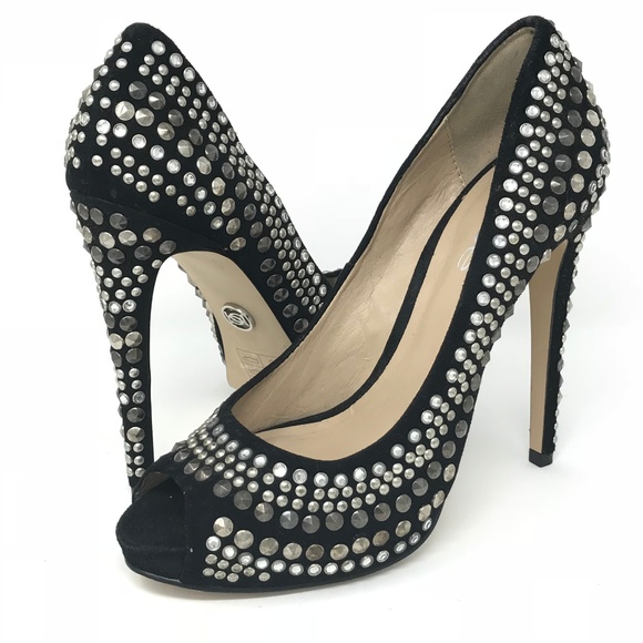bebe Shoes - Bebe Studded Peep Toe Heels Black Suede Stiletto